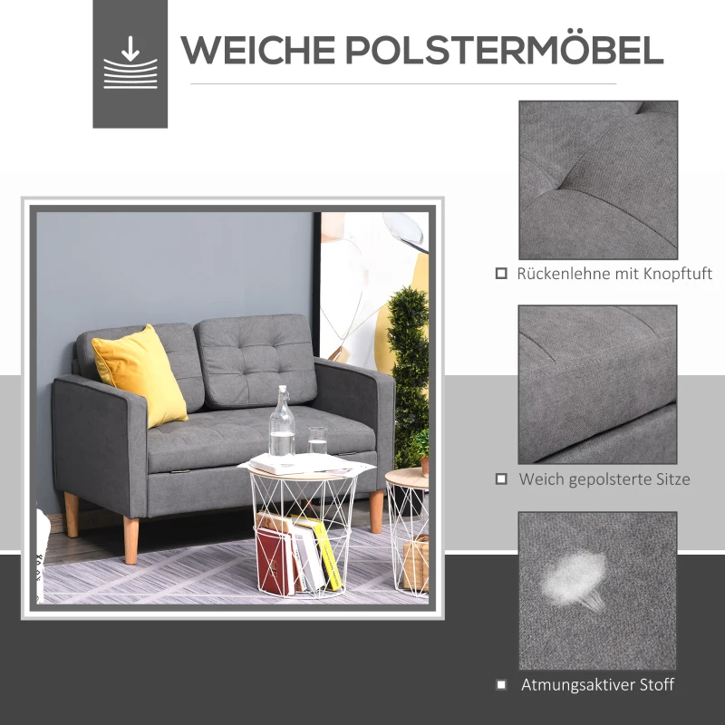 HOMCOM 2 zits bank moderne kleine stoffen dubbele slaapbank afneembaar kussen rubberhout katoen woonkamer grijs(m-4)
