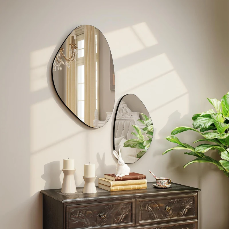 HOMCOM Muurspiegel 2-delige set 70 x 46 cm, 49,5 x 31 cm spiegel met metalen frame hangspiegel in kiezelvorm, Zwart