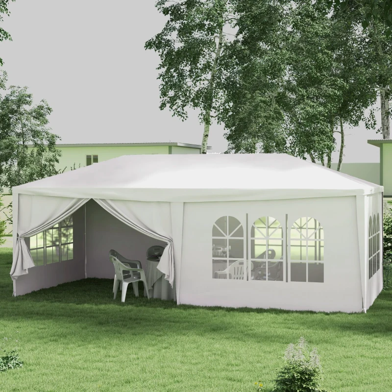 Outsunny Gazebo Tendone per Feste 6x3m con Pareti Laterali Rimovibili, Porte e Finestre, Bianco