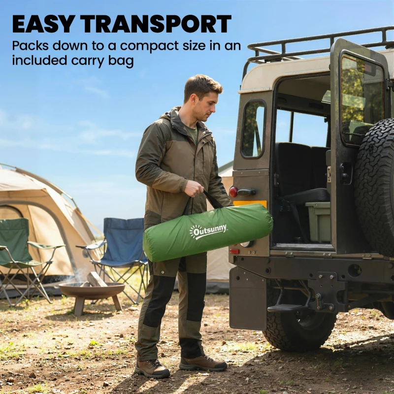 Outsunny Camping Windbreaker with Clear Windows, Carry Bag and Steel Poles, for Beach Caravan Campervan, 725 x 140cm, Army Green