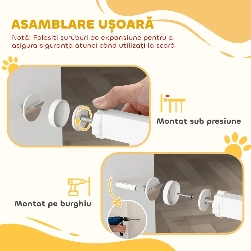 PawHut Poartă de Siguranță pentru Copii și Câini, Extensibilă 76-102 cm, Înaltă 76 cm, Poartă Automată, Montare prin Presiune fără Găuri, Alb