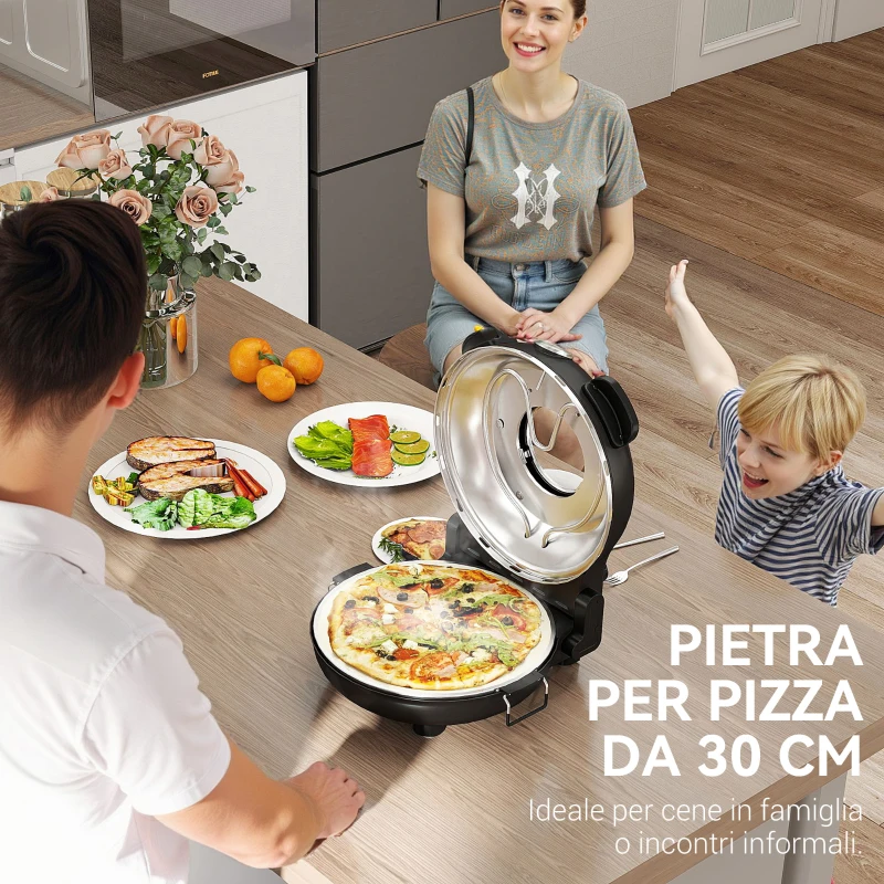 HOMCOM Forno per Pizza Elettrico 1200W con Finestra Trasparente, Timer e Regolazione della Temperatura, Nero
