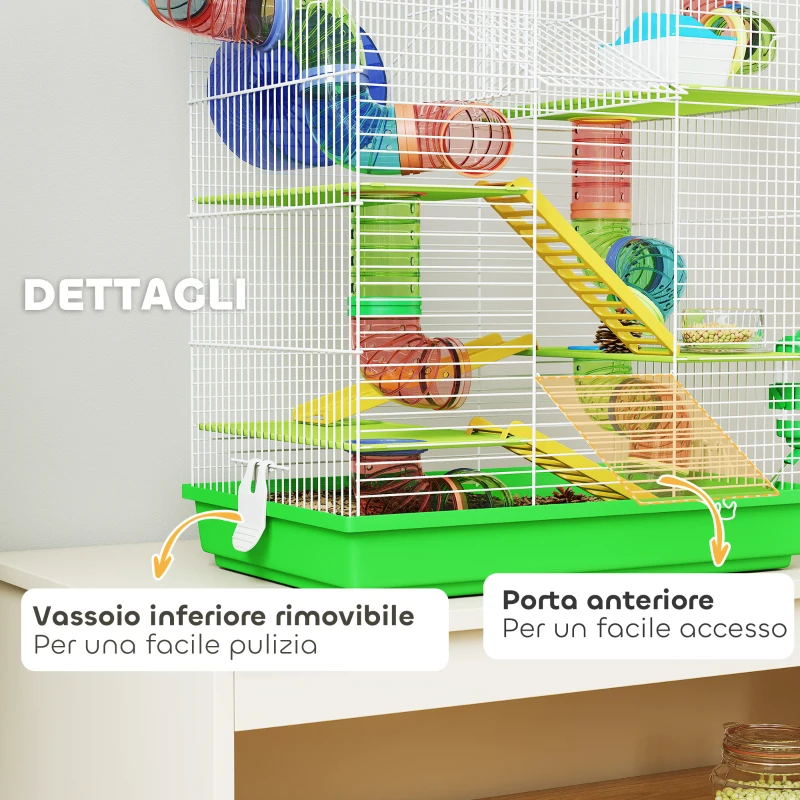 PawHut Gabbia per Criceti a 5 Piani con Tubi Colorati, Ruota, Casetta e Accessori, 47x30x59 cm, Verde
