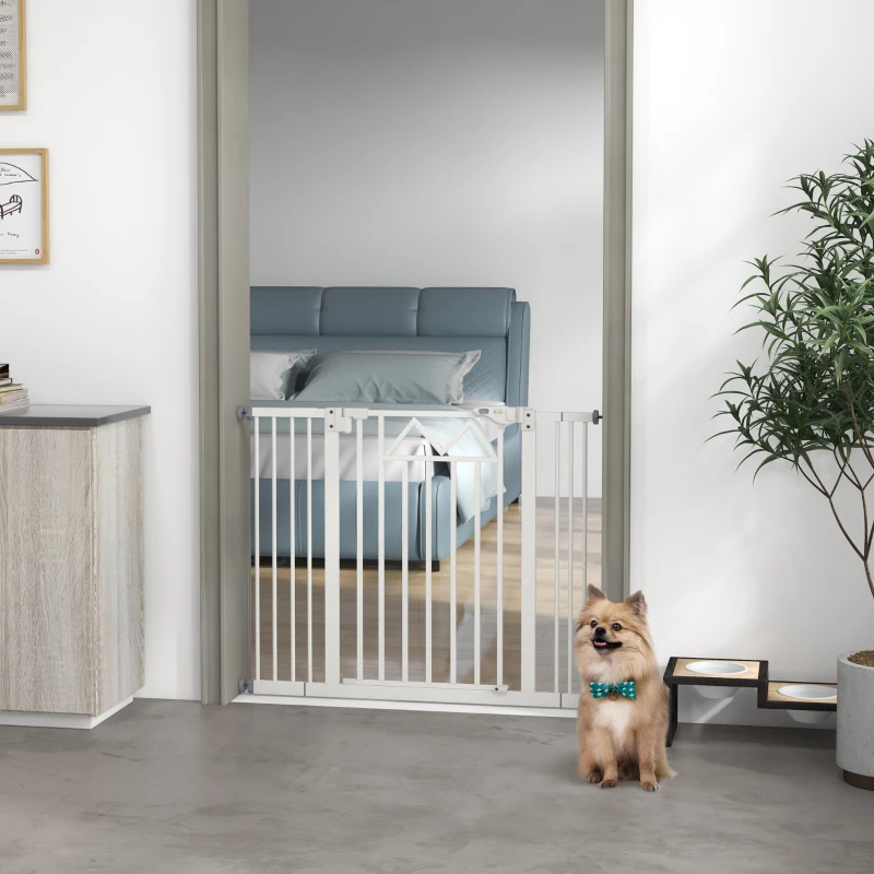 PawHut Cancelletto per Cani taglia Piccola e Media con Chiusura Automatica, in Acciaio e PA, 74-100x76 cm, Bianco