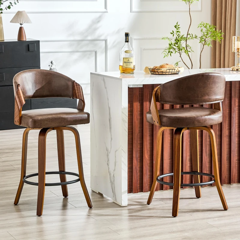 Lot de 2 tabourets de bar avec dossier, design rétro élégant, mousse haute densité et patins antidérapants, 51x42x95 cm, Marron