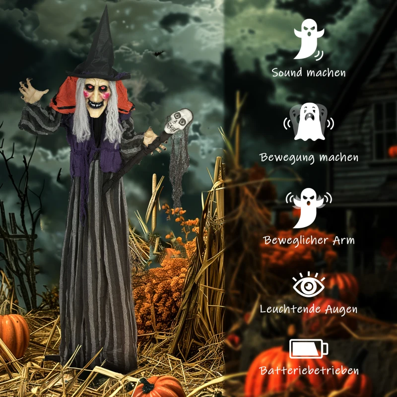 Outsunny 160 cm Halloween Decoratie Halloween Heks met LED-Lichten, Geluidfunctie Verstelbare Armen, Lichaam