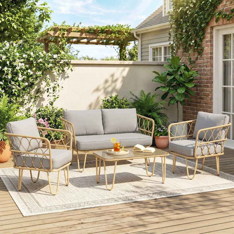 Outsunny Ensemble salon de jardin canapé 2 places + 2 fauteuils + 1 table basse plateau verre trempé 7 coussins gris