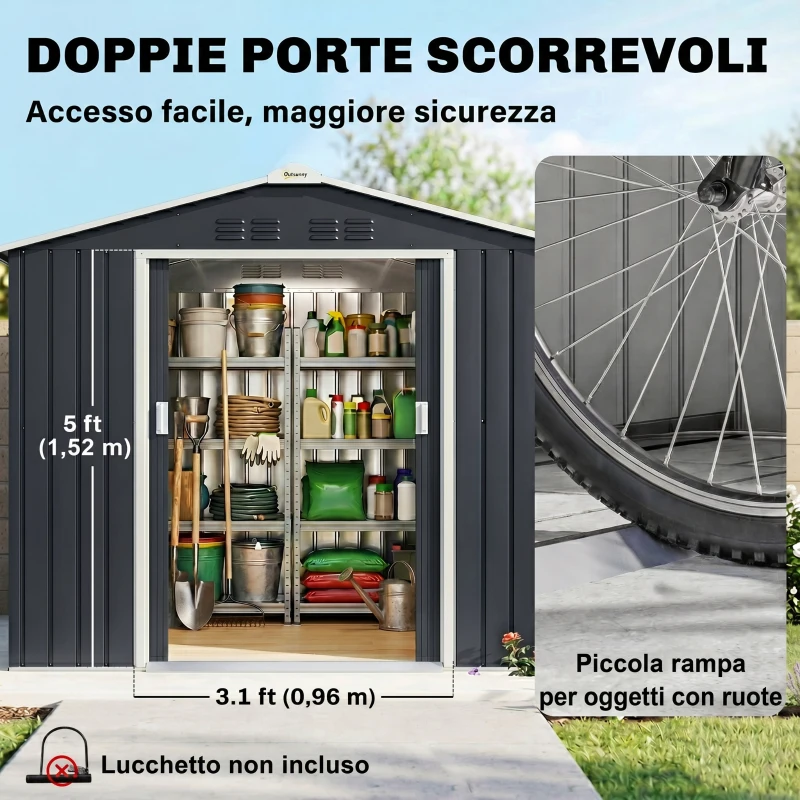 Outsunny Casetta da Giardino in Metallo con Prese d'Aria e Doppia Porta Scorrevole, 277x195x192 cm, Grigio Scuro