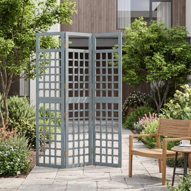 Outsunny 3-Panel Garden Privacy Screen, Freestanding Foldable Wooden Outdoor Divider/Trellis, Decorative Privacy Screen, Grey