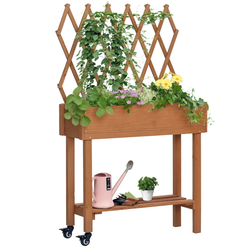 Outsunny Buitenzonnig verhoogd bed met traliewerk bloembak met plank, wielen voor balkonhout