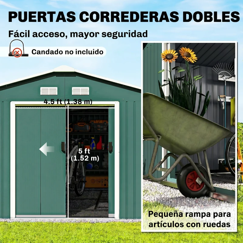 Outsunny Abrigo de Jardim Metálico 340x386x200cm Abrigo para Armazenamento de Ferramentas com Base de Reforço Incluida Verde
