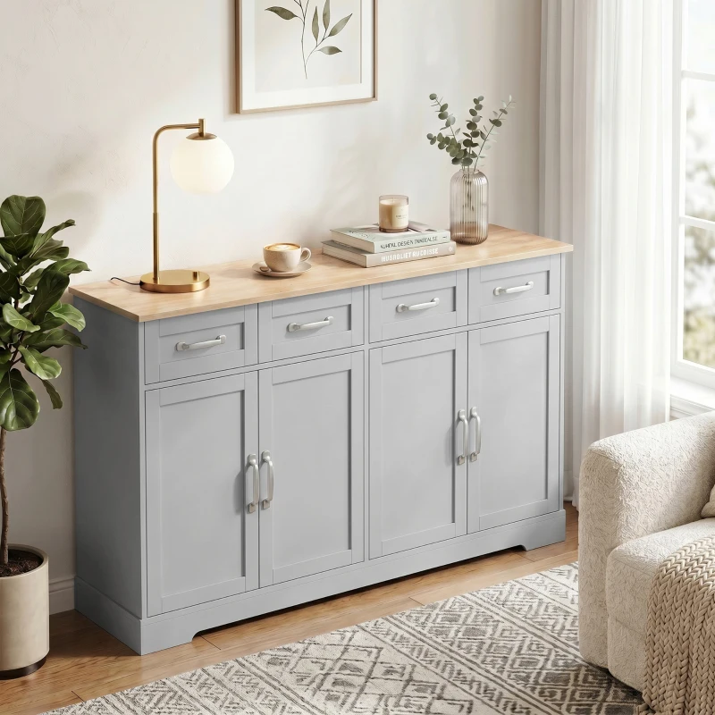 HOMCOM Sideboard Buffet Cabinet, 140 cm Kitchen Storage Cabinet with 4 Drawers, 4 Doors and 2 Adjustable Shelves, Grey