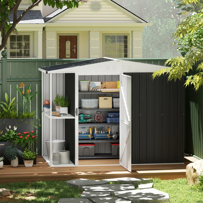 Outsunny Abrigo de Jardim 2,7m² 245x117x180 cm Abrigo de Exterior com Prateleira de 2 Níveis 4 Ventilações e Porta com Fechadura Cinzento Escuro