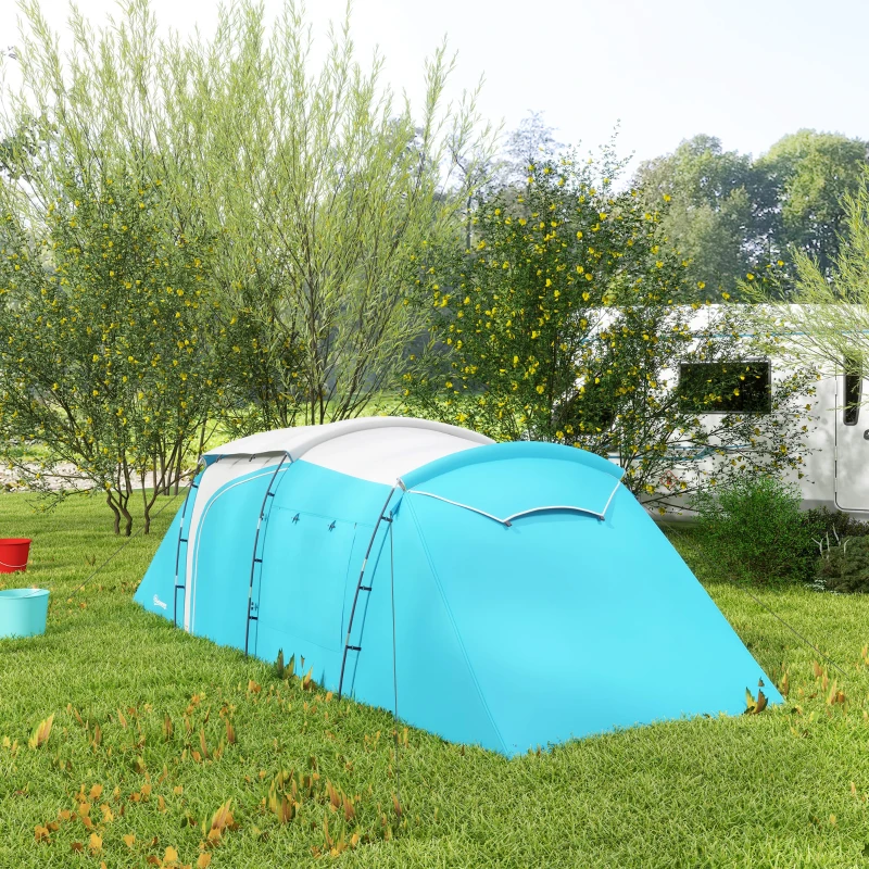Outsunny Tente de camping familiale 3-4 personnes 2 chambres 4 portes et 4 fenêtres, sac de transport, dim. 460L x 220l x 175H cm
