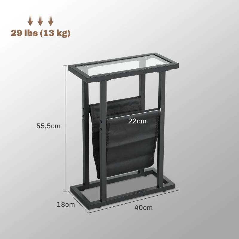 HOMCOM Bijzettafel in Metaal met Stoffen Tas en Glazen Blad, Smalle Tafel voor Woonkamer, Slaapkamer, Zwart
