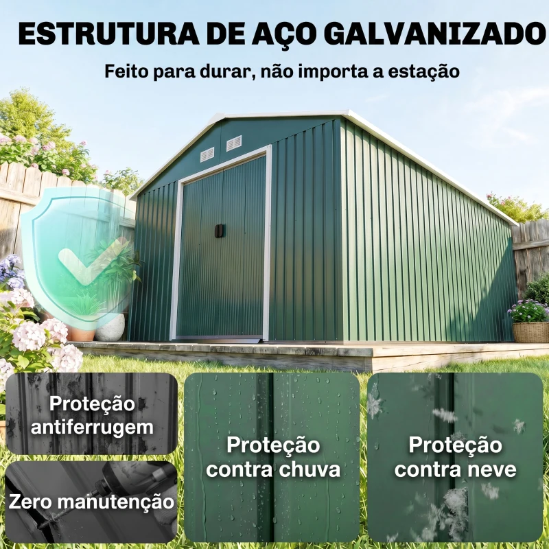 Outsunny Abrigo de Jardim Metálico 340x386x200cm Abrigo para Armazenamento de Ferramentas com Base de Reforço Incluida Verde