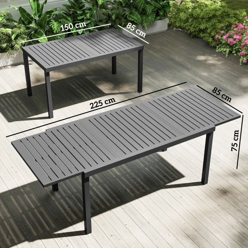 Outsunny Mesa de Jardín Extensible 150/225x85x75 cm Mesa de Comedor de Aluminio con Tablero de Listones para 6-8 Personas Gris