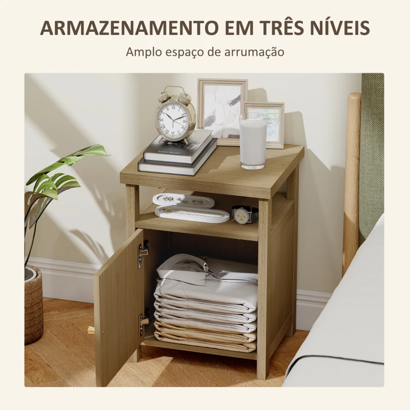 HOMCOM Mesa de Cabeceira com Porta de Vime Prateleira Aberta e Compartimento 40x35x55 cm Madeira