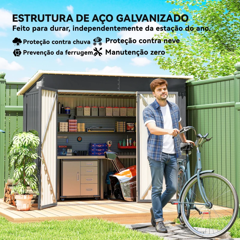 Outsunny Abrigo de Jardim Exterior 2,7 m² 234x132x185 cm com Três Portas Fechadura e Grelhas de Ventilação Cinzento