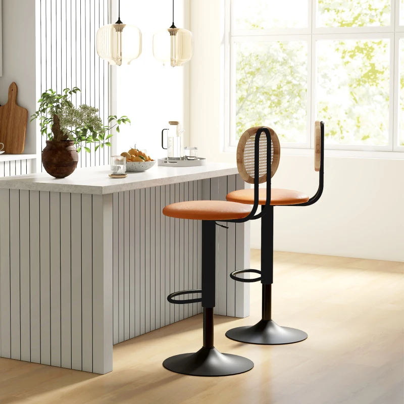 HOMCOM Lot de 2 tabourets de bar chaises de bar hauteur réglable avec dossier en rotin et repose-pieds, marron
