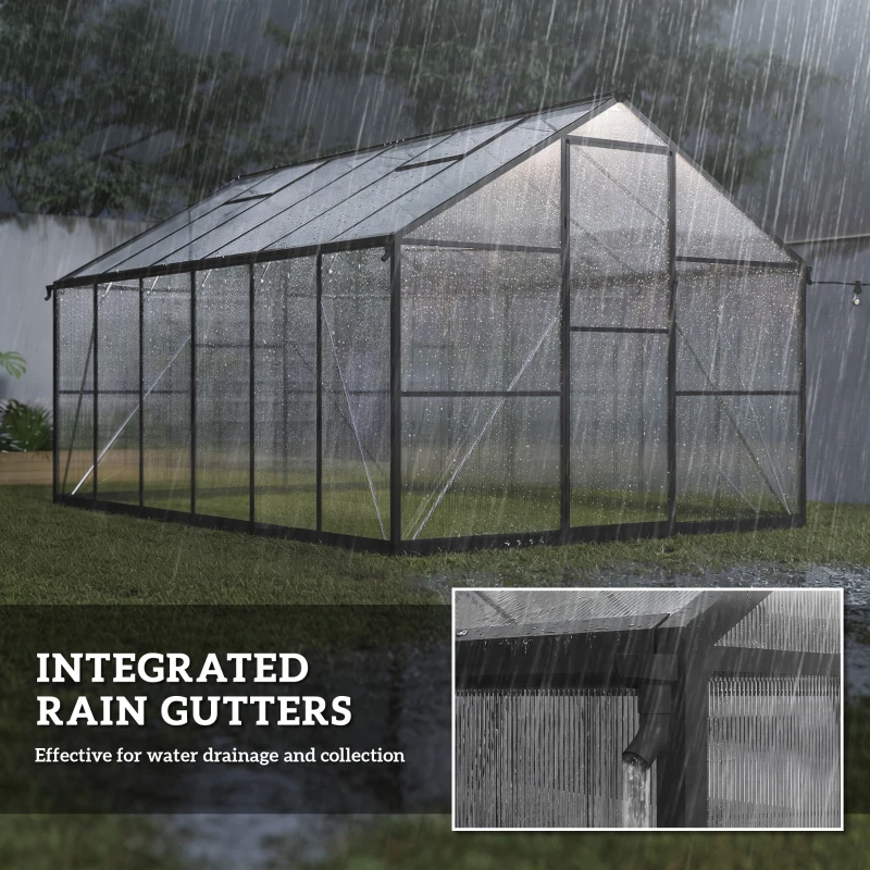 Outsunny Serre de jardin en aluminium polycarbonate, serre avec fenêtres supérieures réglables 363x247x205cm noir