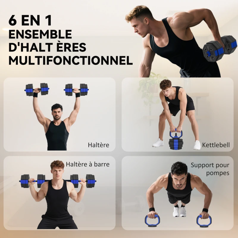 SPORTNOW Ensemble d'Haltères Musculation 6-en-1 Haltère Réglable 30 kg Kettlebell, Barre de Musculation Support pour Pompes Bleu