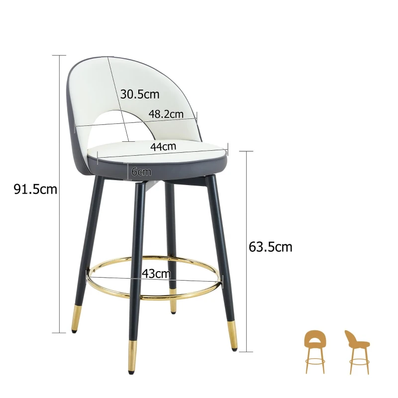 Tabouret de bar pivotant 360°, dossier ajouré design, lot de 2, 44x44x91.5 cm, Gris foncé+Blanc
