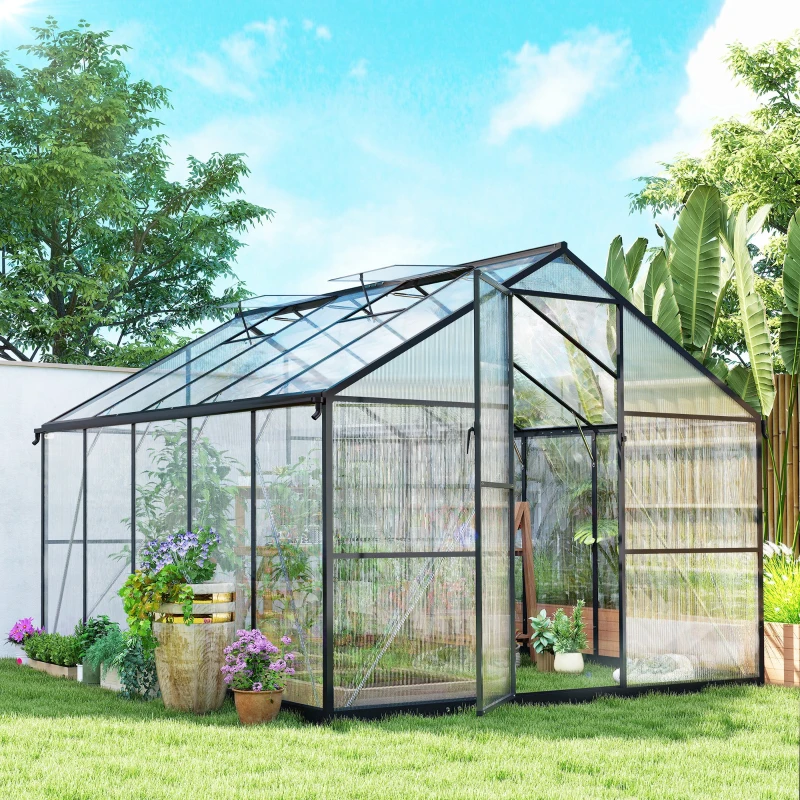 Outsunny Seră pentru grădină din policarbonat și aluminiu cu ușă batantă și 2 ferestre reglabile, 304x247x205 cm, negru