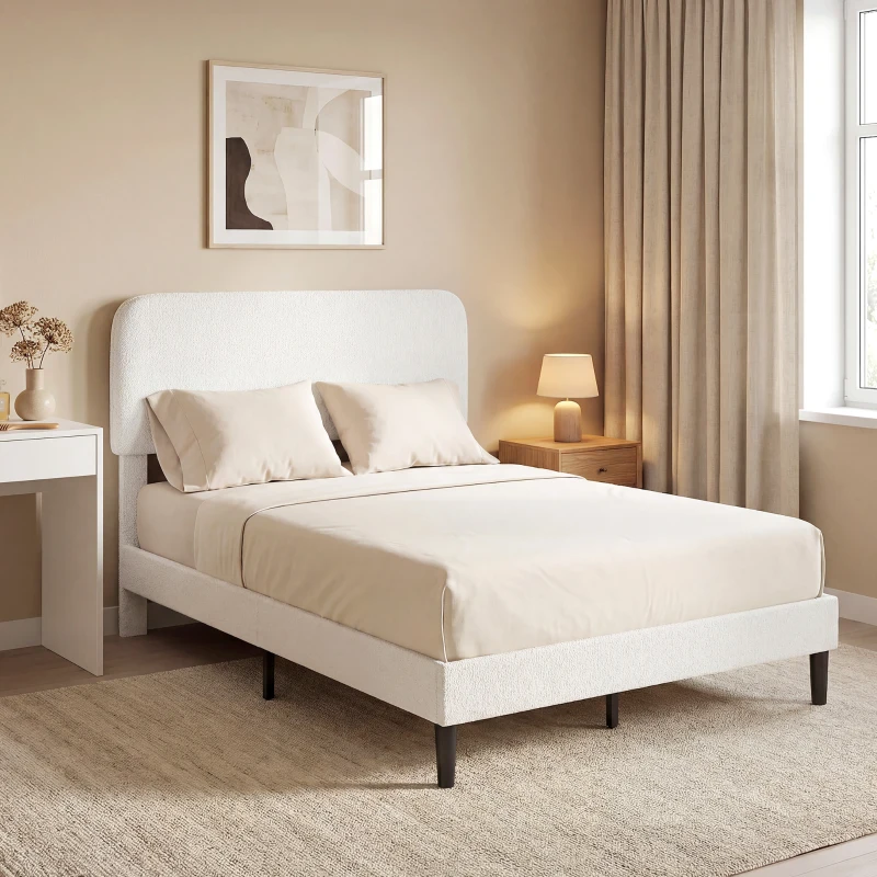 HOMCOM Eenpersoonsbedframe met teddy-fleece hoofdbord, metalen bedframe, eenvoudige montage, wit