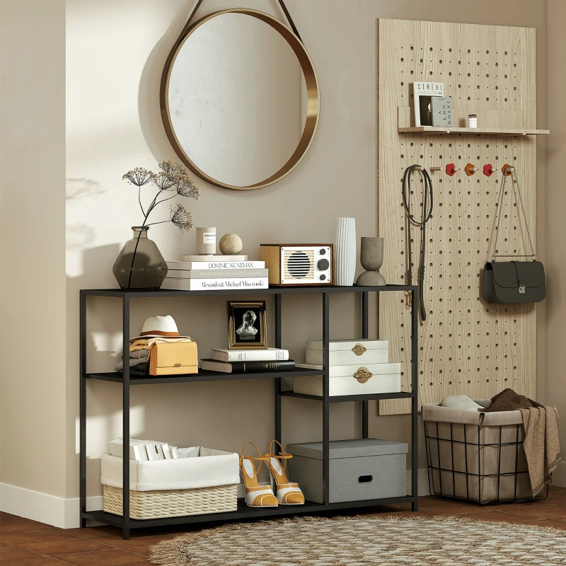 HOMCOM Consoletafel, 4 Niveaus, Stalen Frame, voor Hal, Woonkamer, Zwart(m-8)