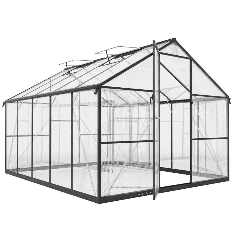 Outsunny Seră pentru grădină din policarbonat și aluminiu cu ușă batantă și 2 ferestre reglabile, 304x247x205 cm, negru