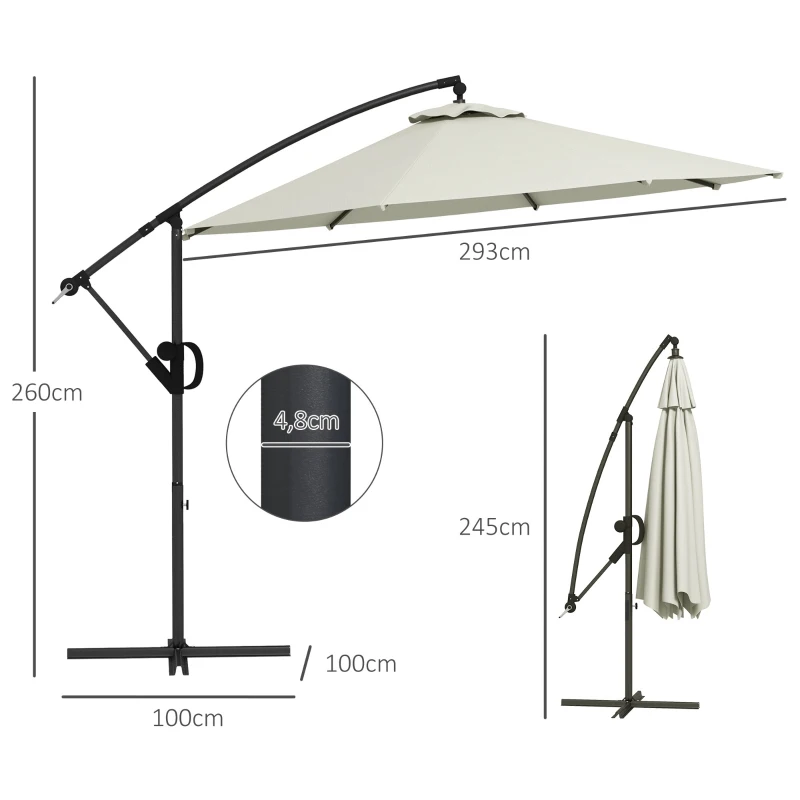 Outsunny Ombrellone a Braccio a 8 Stecche con Base a Croce, in Alluminio, Metallo e Poliestere, Ø3x2.6 m, Crema