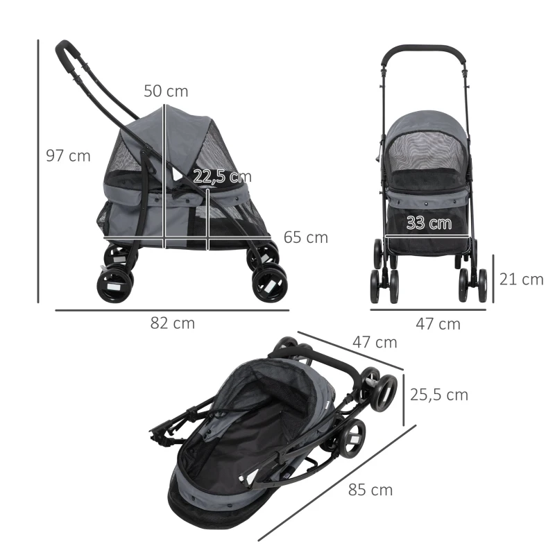 PawHut Passeggino per Cani Pieghevole con Tettuccio Regolabile, Borsa e 2 Guinzagli, 82x47x97 cm, Grigio e Nero