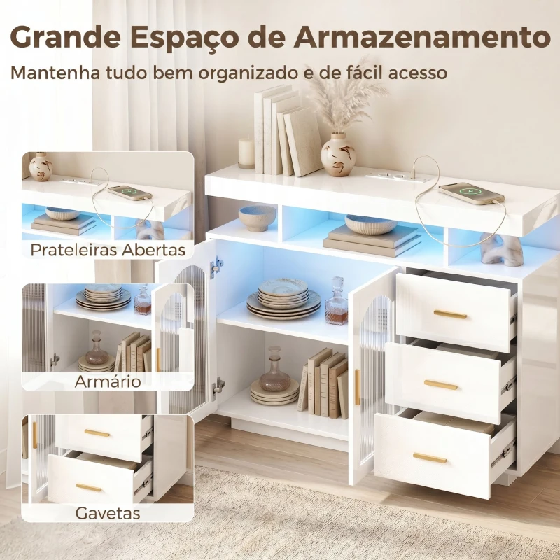 HOMCOM Aparador com LED RGB de 7 Cores, Tomadas, Portas USB, 3 Gavetas, Prateleiras Abertas, 2 Portas, Branco Brilhante, 100x35x80 cm