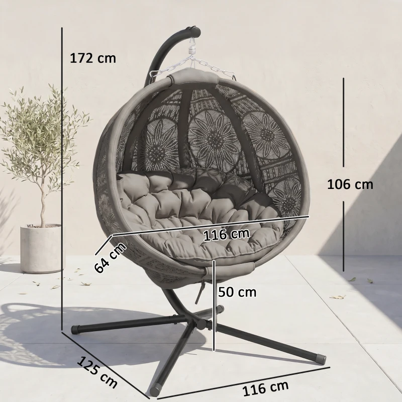 Outsunny Round Egg Basket Chair, with Steel Stand, Charcoal Grey