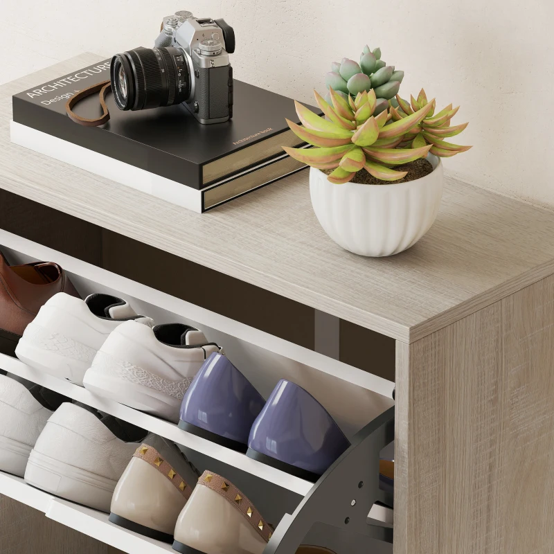 HOMCOM Meuble à chaussures 12 paires, armoire à chaussures étroite, 3 tiroirs rabattables, chêneet blanc