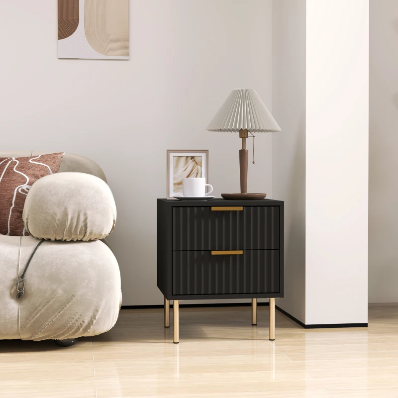 HOMCOM Table de chevet, table de nuit cannelée avec 2 tiroirs et pieds en acier, pour chambre à coucher, salon, noir