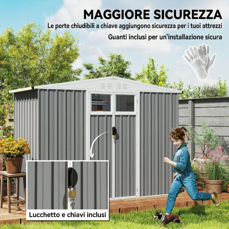 Outsunny Capanno da Giardino Porta Attrezzi in Acciaio Zincato con 2 Porte, 246x117x180 cm, Grigio Chiaro