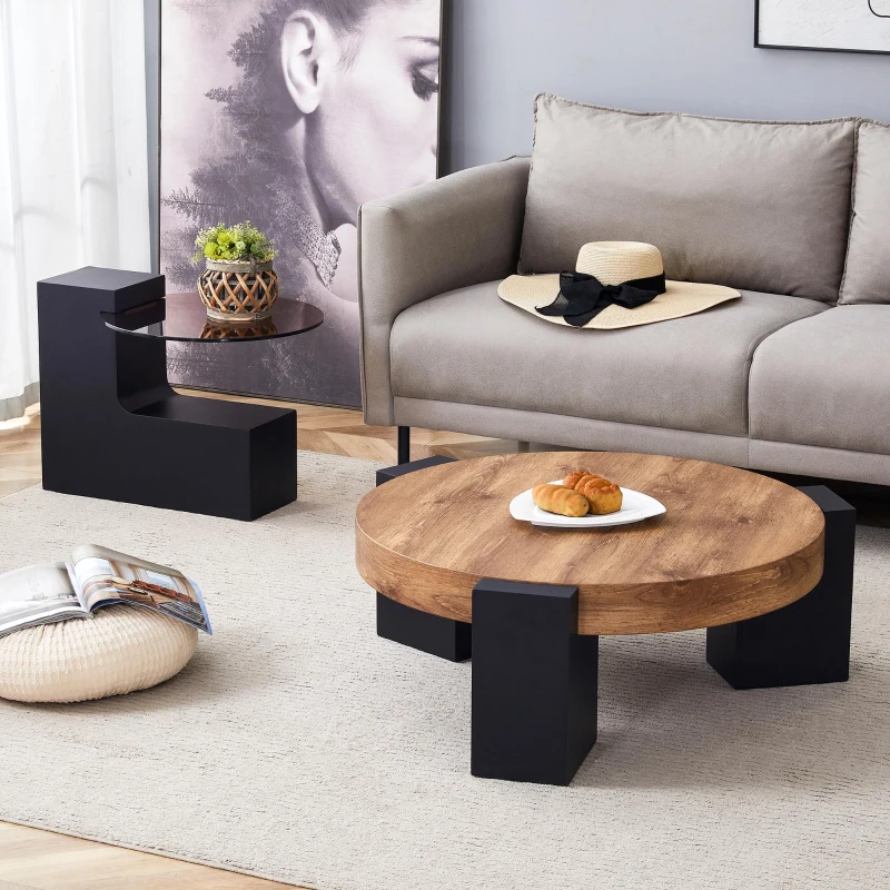 Table basse ronde moderne à 2 niveaux, design démontable et modulable, bords arrondis, 61x61x30 cm, Couleur naturelle