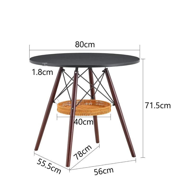 Table ronde 80 cm, idéale pour petits espaces, panier de rangement suspendu tressé, 80x80x71,5 cm, Noyer+Noir