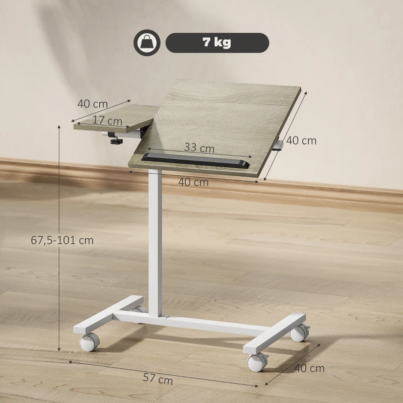 HOMCOM Mesa Auxiliar con Ruedas Altura Ajustable Superficie Inclinable y Marco de Metal 57x40x67,5-101 cm Roble y Blanco
