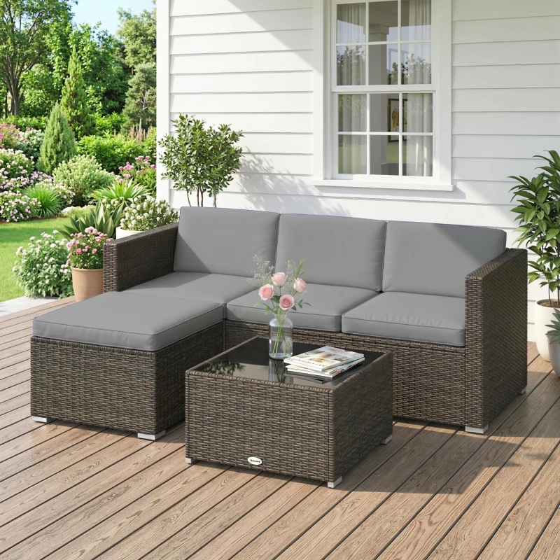Outsunny 3 Pieces Garden Furniture Set w/ Cushions, PE Rattan Wicker Conversation Corner Sofa Set, Light Grey