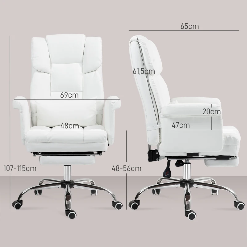 HOMCOM Ergonomische bureaustoel, in hoogte verstelbaar 48-56 cm, kantelbare rugleuning, voetensteun, wit(m-3)