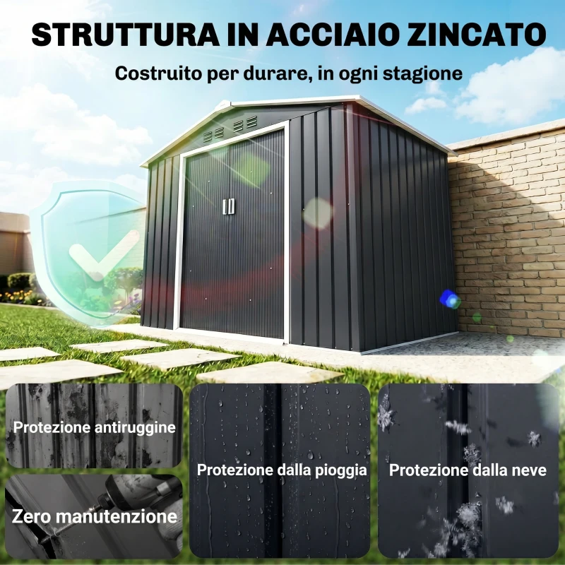 Outsunny Casetta da Giardino in Metallo con Prese d'Aria e Doppia Porta Scorrevole, 277x195x192 cm, Grigio Scuro