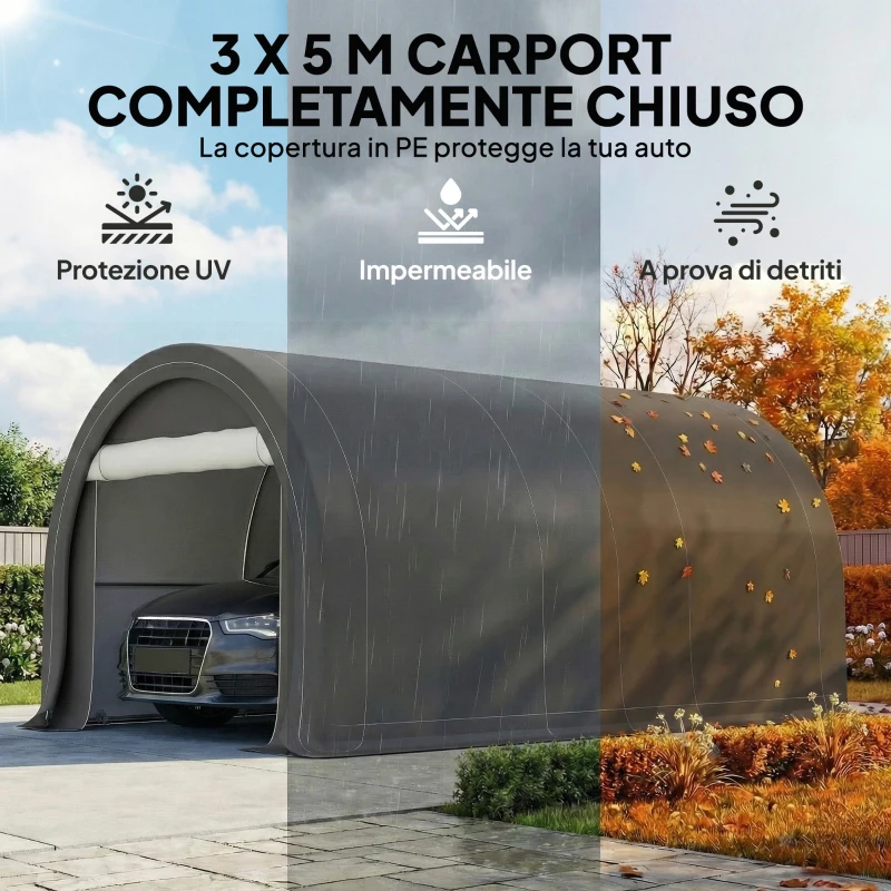 Outsunny Tendone da Giardino per Auto e Attrezzi con Ingresso a Cerniera, Picchetti e Funi, 500x300x240 cm