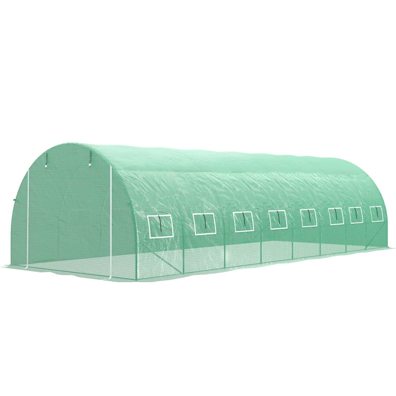 Outsunny Serre de jardin tunnel 24m² 8L x 3l x 2H m - 16 fenêtres, Porte zippée enroulable acier galvanisé, bâche PE, Vert