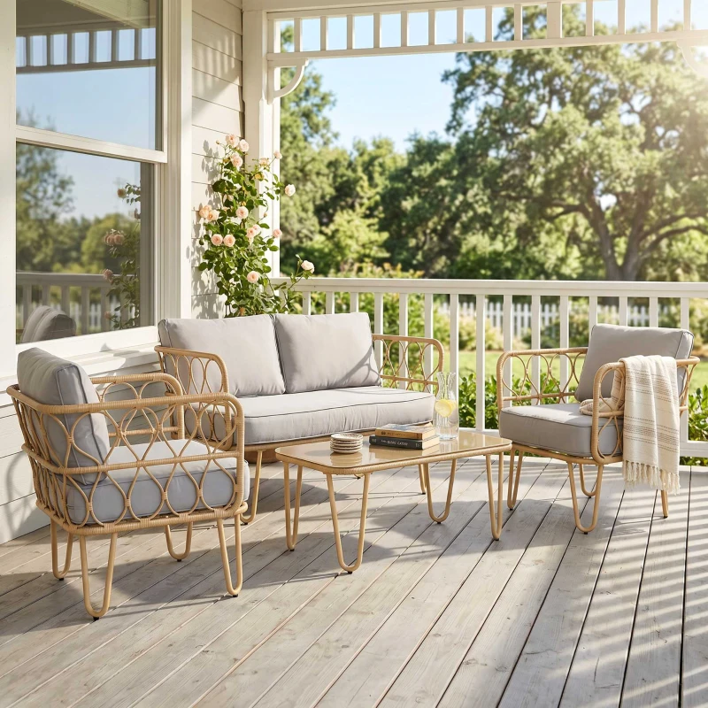 Outsunny Ensemble salon de jardin canapé 2 places + 2 fauteuils + 1 table basse plateau verre trempé 7 coussins gris