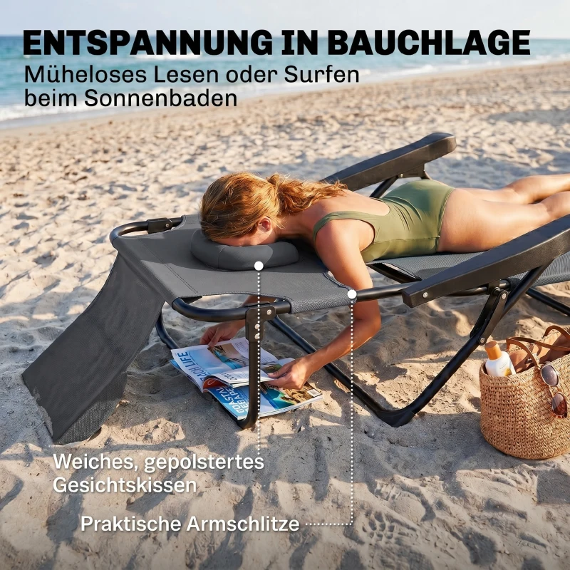 Outsunny Chaise longue de jardin pliante dossier réglable sur 4 niveaux, trou de lecture et appui-tête 72L x 194l x 89H cm Gris