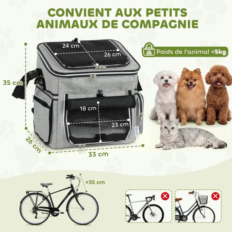 PawHut Panier de Vélo Avant Portable pour Chiens Chats, Laisse de Sécurité, Couvercle Détachable, 33x26x35cm, Gris Clair