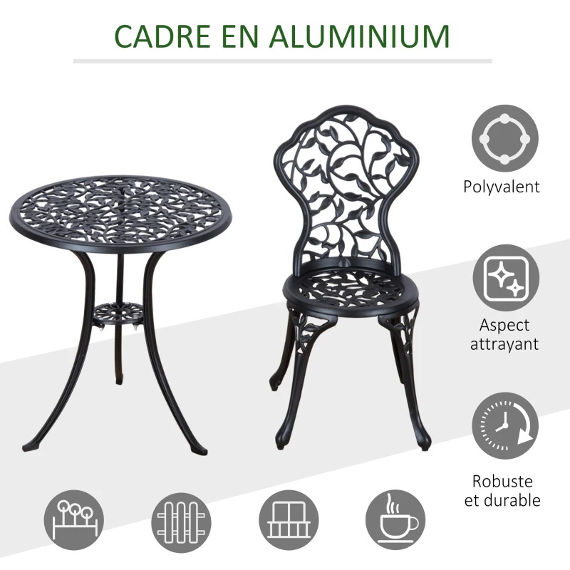 Outsunny Ensemble de bistrot 3 pièces avec 2 chaises et 1 table ronde style antique, pour jardin, terrasse, balcon, noir